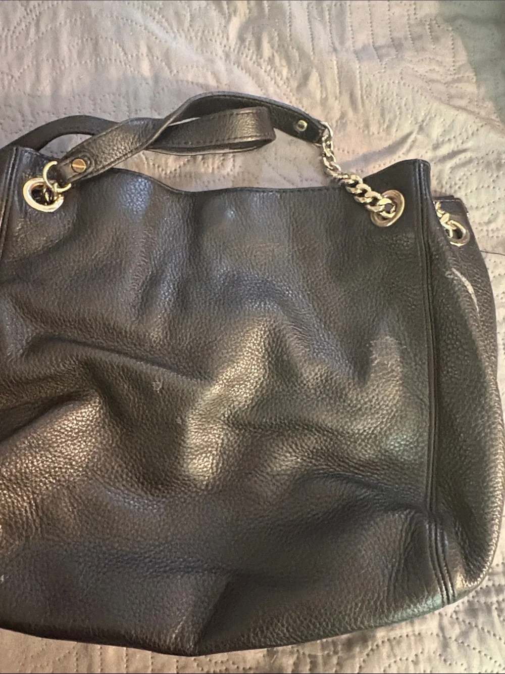Michael Kors Black Pebbled Leather Shoulder Tote with Gold Accents